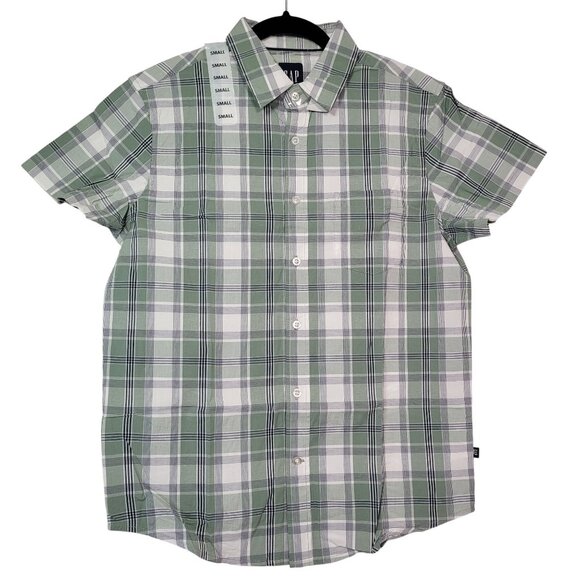 GAP Men's Green Plaid Short Sleeve Button-Up Poplin Cotton Shirt Small New - Picture 1 of 12